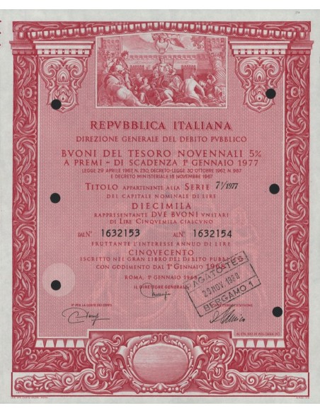 BTP NOVENNALI SERIE 07/1977 - 10000 LIRE ROMA 1968