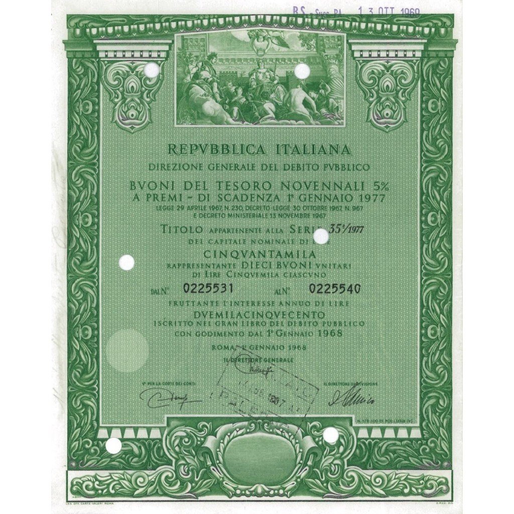 BTP NOVENNALI SERIE 35/1977 - 50000 LIRE ROMA 1968