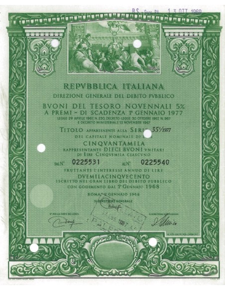 BTP NOVENNALI SERIE 35/1977 - 50000 LIRE ROMA 1968