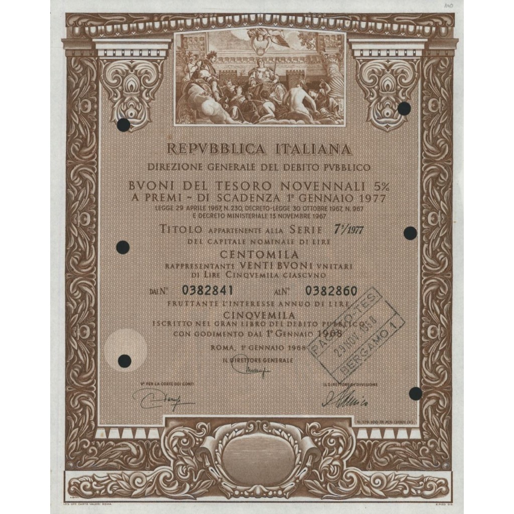 BTP NOVENNALI SERIE 07/1977 - 100000 LIRE ROMA 1968