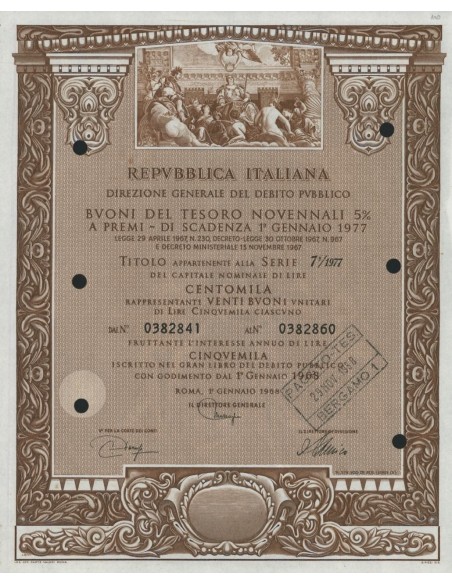 BTP NOVENNALI SERIE 07/1977 - 100000 LIRE ROMA 1968