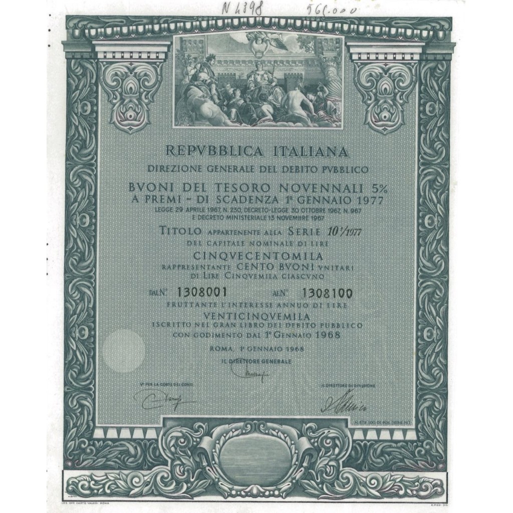 BTP NOVENNALI SERIE 10/1977 - 500000 LIRE ROMA 1968