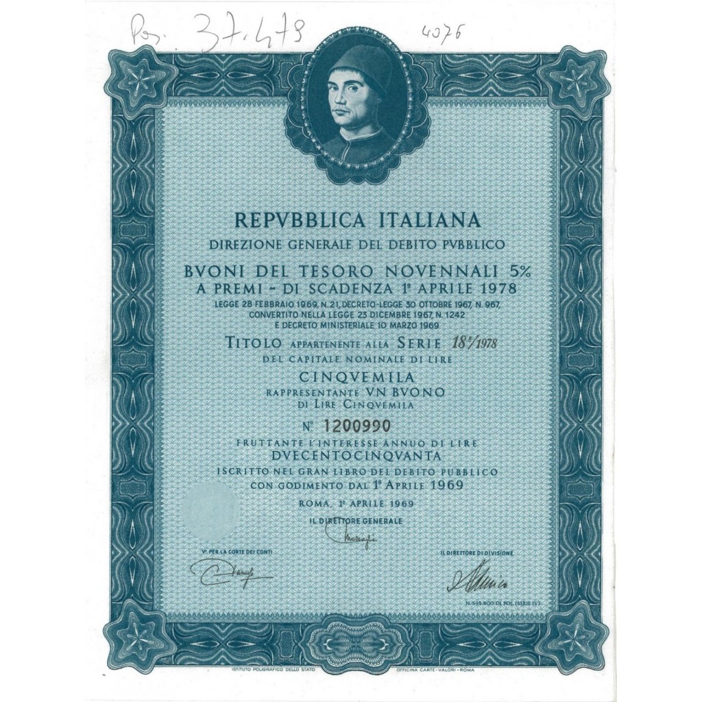 BTP NOVENNALI SERIE 10/1978 - 5000 LIRE ROMA 1969