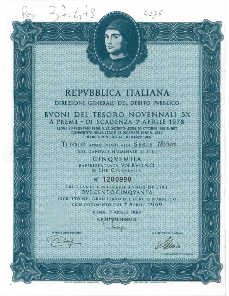 BTP NOVENNALI SERIE 10/1978 - 5000 LIRE ROMA 1969