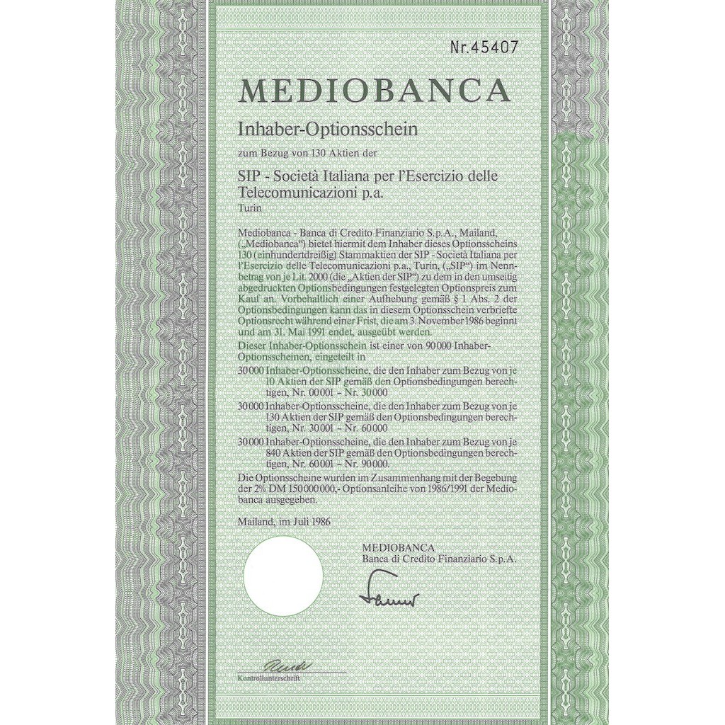 MEDIOBANCA 130 AKTIEN DER SIP MILANO 1986