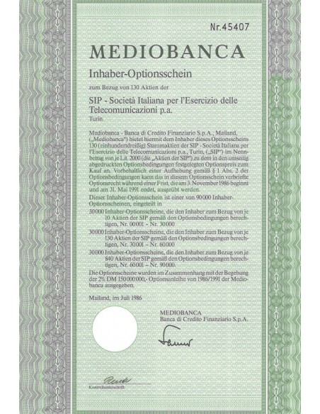 MEDIOBANCA 130 AKTIEN DER SIP MILANO 1986