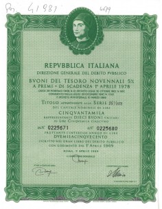BTP NOVENNALI SERIE 16/1978 - 50000 LIRE ROMA 1969