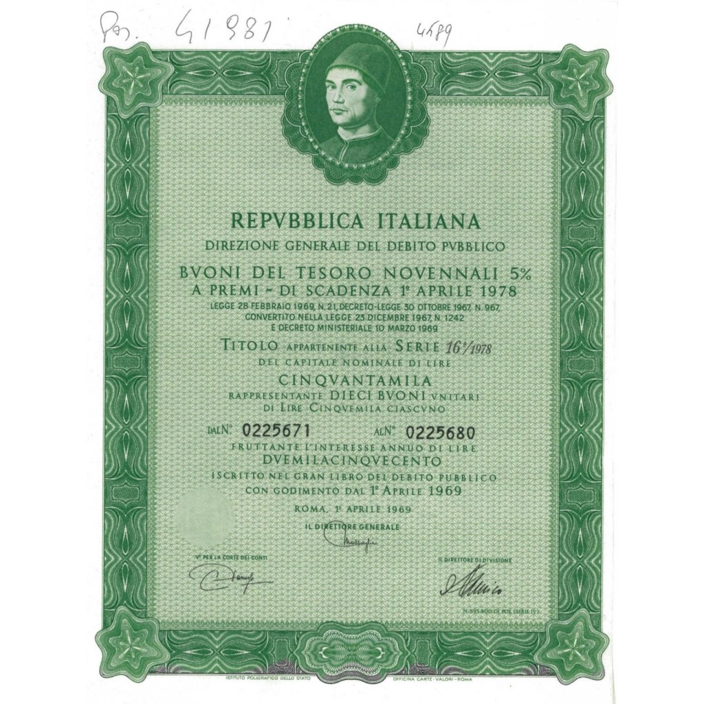 BTP NOVENNALI SERIE 16/1978 - 50000 LIRE ROMA 1969