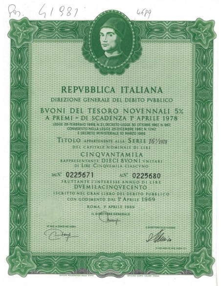 BTP NOVENNALI SERIE 16/1978 - 50000 LIRE ROMA 1969