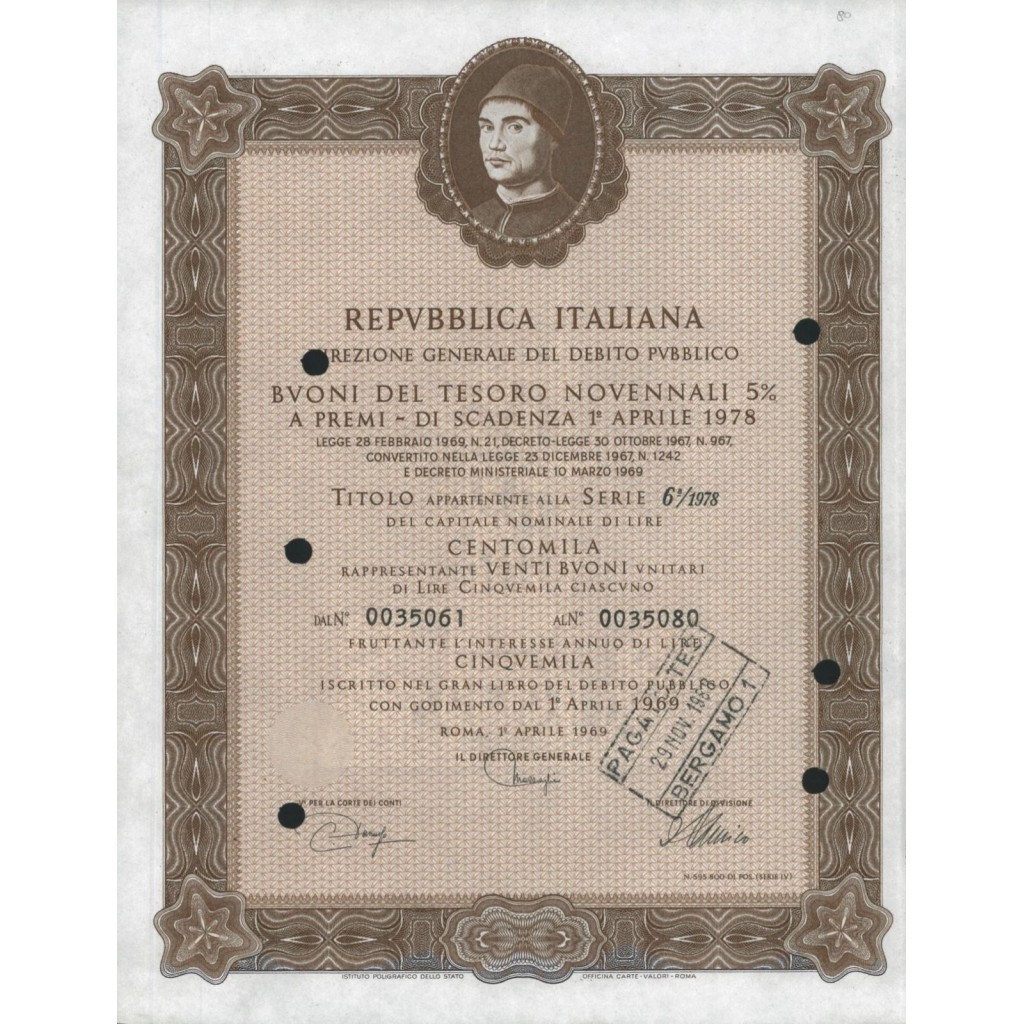 BTP NOVENNALI SERIE 06/1978 - 100000 LIRE ROMA 1969