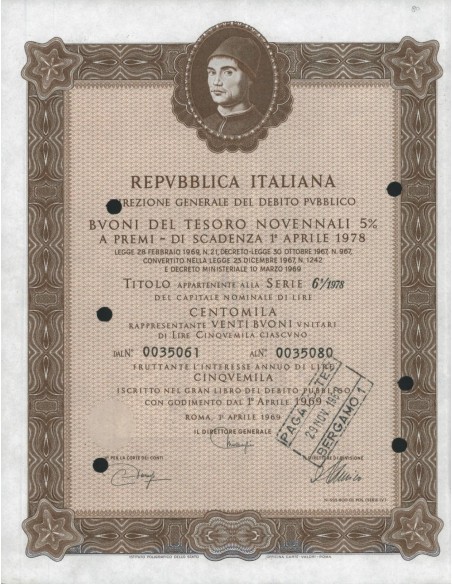 BTP NOVENNALI SERIE 06/1978 - 100000 LIRE ROMA 1969