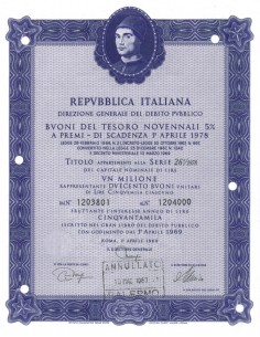BTP NOVENNALI SERIE 26/1978 - 1000000 LIRE ROMA 1969