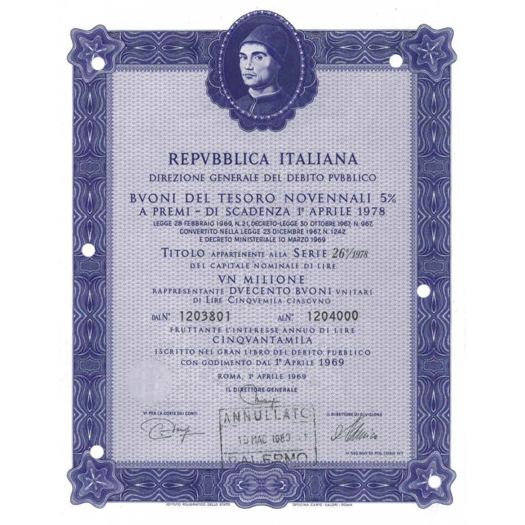 BTP NOVENNALI SERIE 26/1978 - 1000000 LIRE ROMA 1969