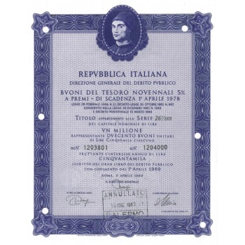 BTP NOVENNALI SERIE 26/1978 - 1000000 LIRE ROMA 1969