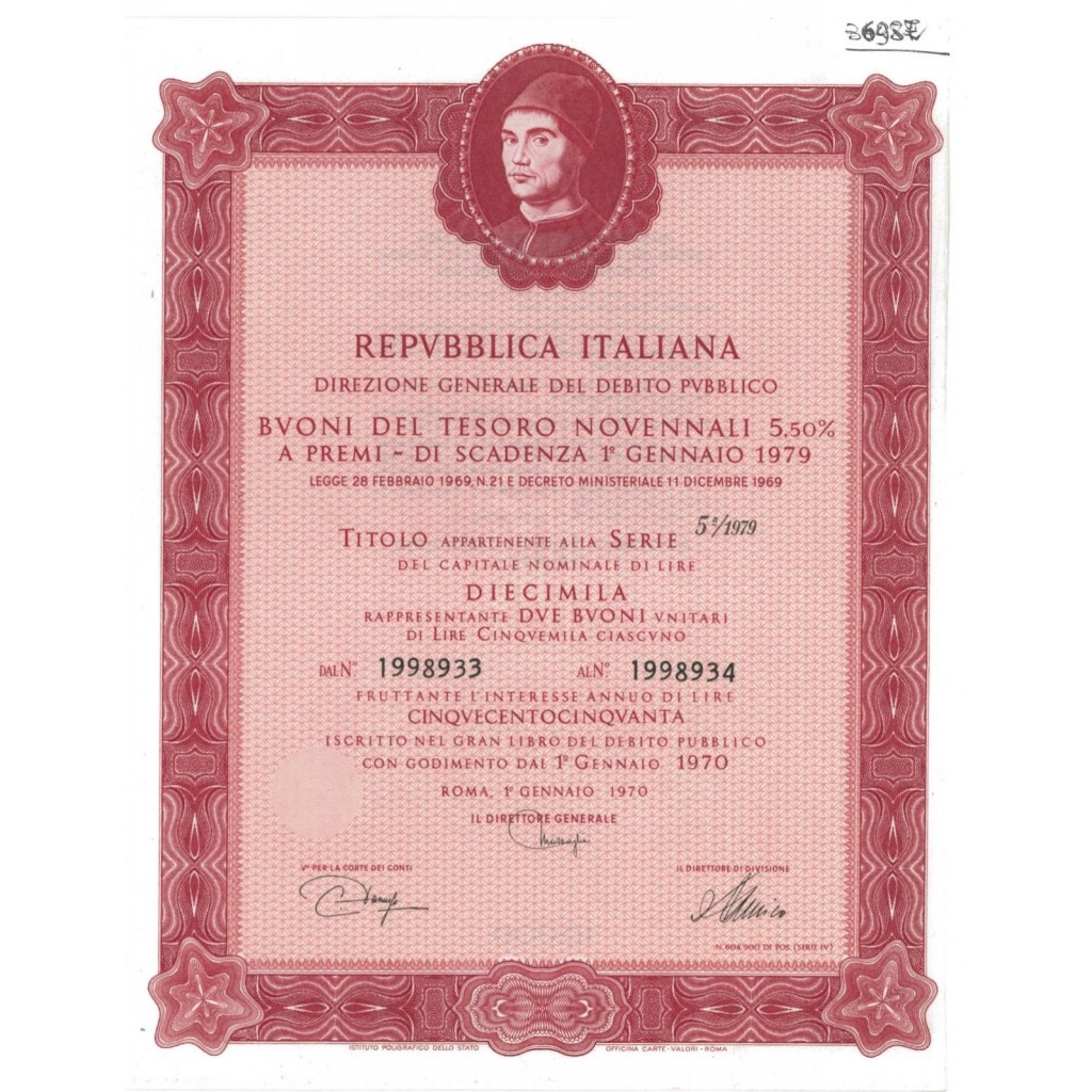 BTP NOVENNALI SERIE 05/1979 - 10000 LIRE ROMA 1970