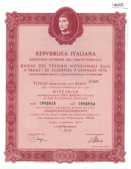 BTP NOVENNALI SERIE 05/1979 - 10000 LIRE ROMA 1970