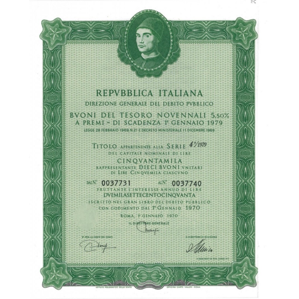 BTP NOVENNALI SERIE 04/1979 - 50000 LIRE ROMA 1970
