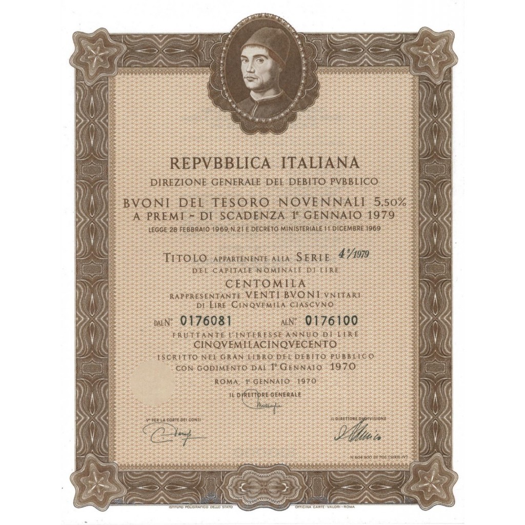 BTP NOVENNALI SERIE 04/1979 - 100000 LIRE ROMA 1970