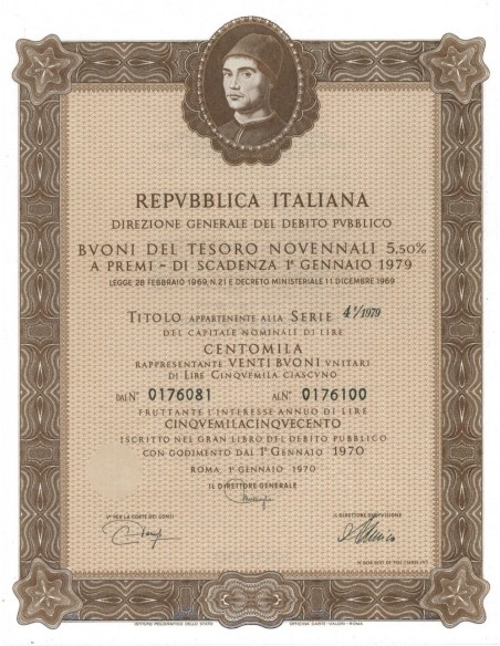 BTP NOVENNALI SERIE 04/1979 - 100000 LIRE ROMA 1970