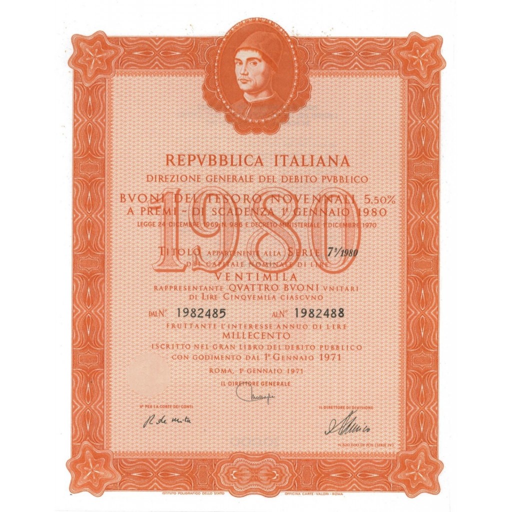 BTP NOVENNALI SERIE 07/1980 - 20000 LIRE ROMA 1971