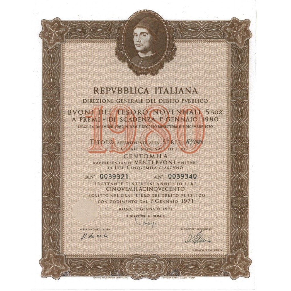 BTP NOVENNALI SERIE 06/1980 - 100000 LIRE ROMA 1971
