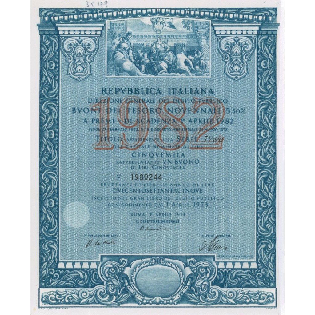 BTP NOVENNALI SERIE 07/1982 - 5000 LIRE ROMA 1973