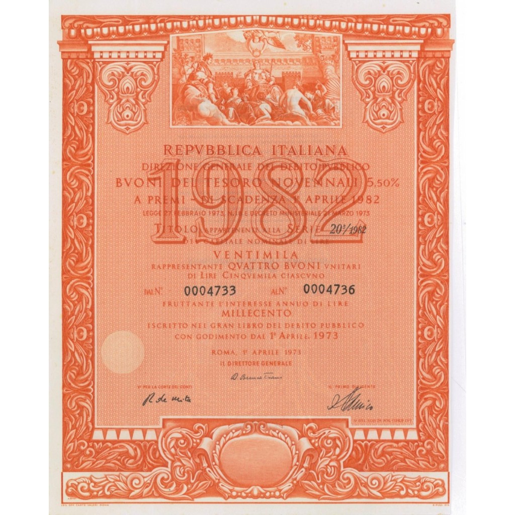 BTP NOVENNALI SERIE 20/1982 - 20000 LIRE ROMA 1973