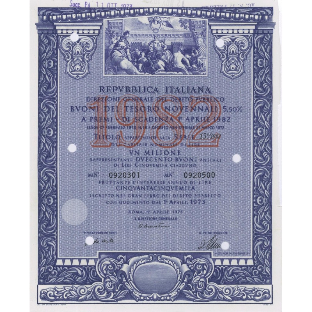BTP NOVENNALI SERIE 13/1982 - 1000000 LIRE ROMA 1973