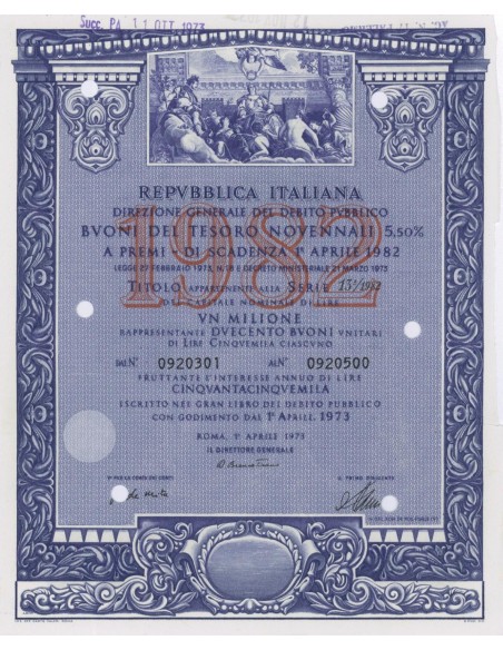 BTP NOVENNALI SERIE 13/1982 - 1000000 LIRE ROMA 1973