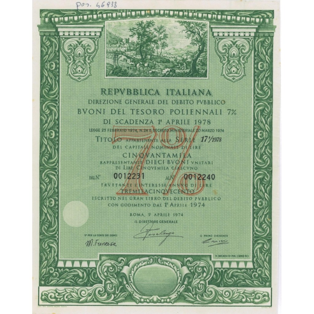 BTP POLIENNALI SERIE 17/1978 - 50000 LIRE ROMA 1974