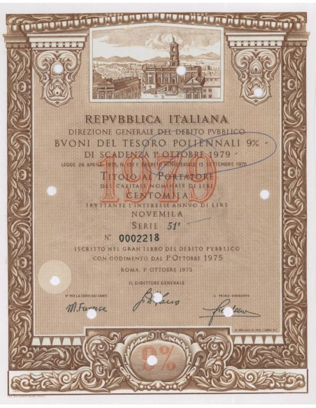BTP POLIENNALI SERIE 51ESIMA - 100000 LIRE ROMA 1975