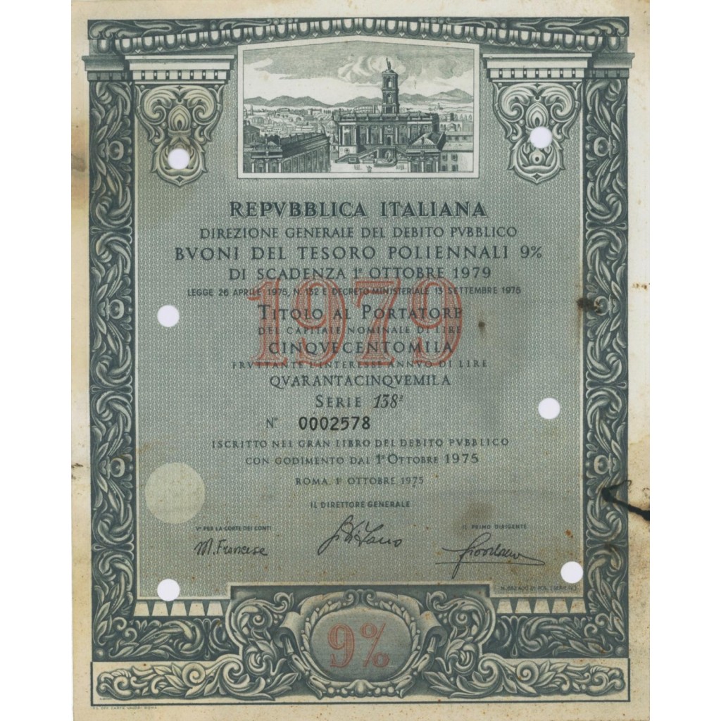 BTP POLIENNALI SERIE 138ESIMA - 500000 LIRE ROMA 1975