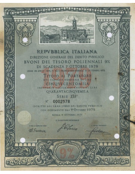 BTP POLIENNALI SERIE 138ESIMA - 500000 LIRE ROMA 1975