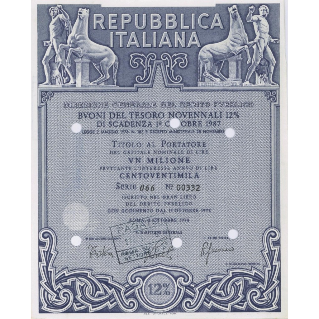 BTP NOVENNALE SERIE 066 - 1000000 LIRE ROMA 1978
