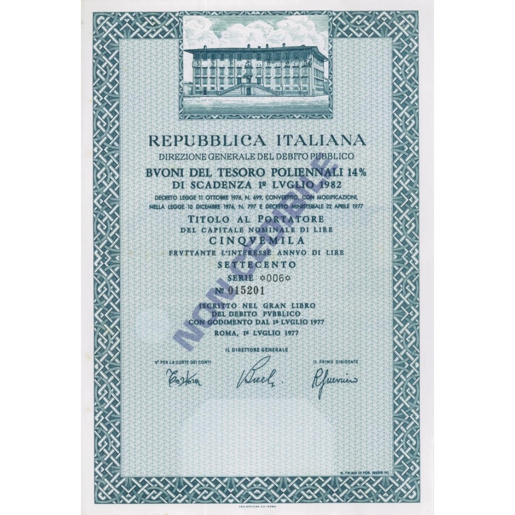 BTP POLIENNALI SERIE 006 - 5000 LIRE ROMA 1977