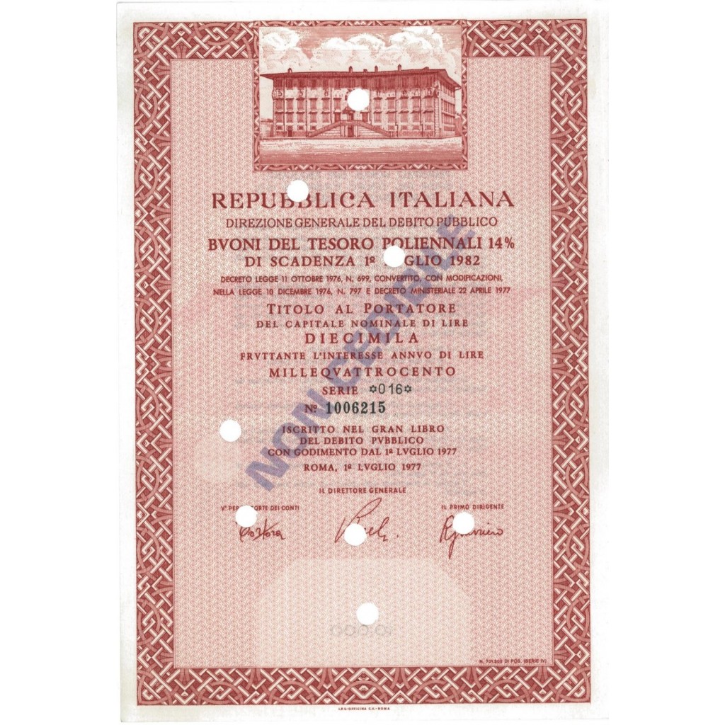 BTP POLIENNALI SERIE 16 - 10000 LIRE ROMA 1977