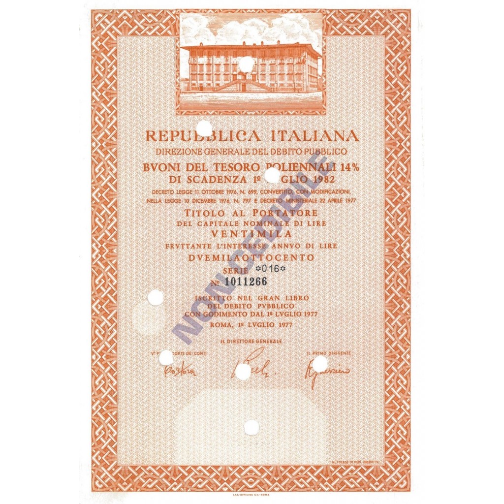 BTP POLIENNALI SERIE 16 - 20000 LIRE ROMA 1977