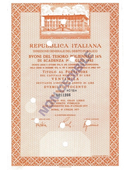 BTP POLIENNALI SERIE 16 - 20000 LIRE ROMA 1977