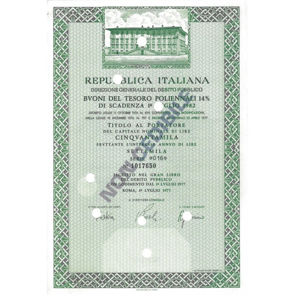 BTP POLIENNALI SERIE 16 - 50000 LIRE ROMA 1977