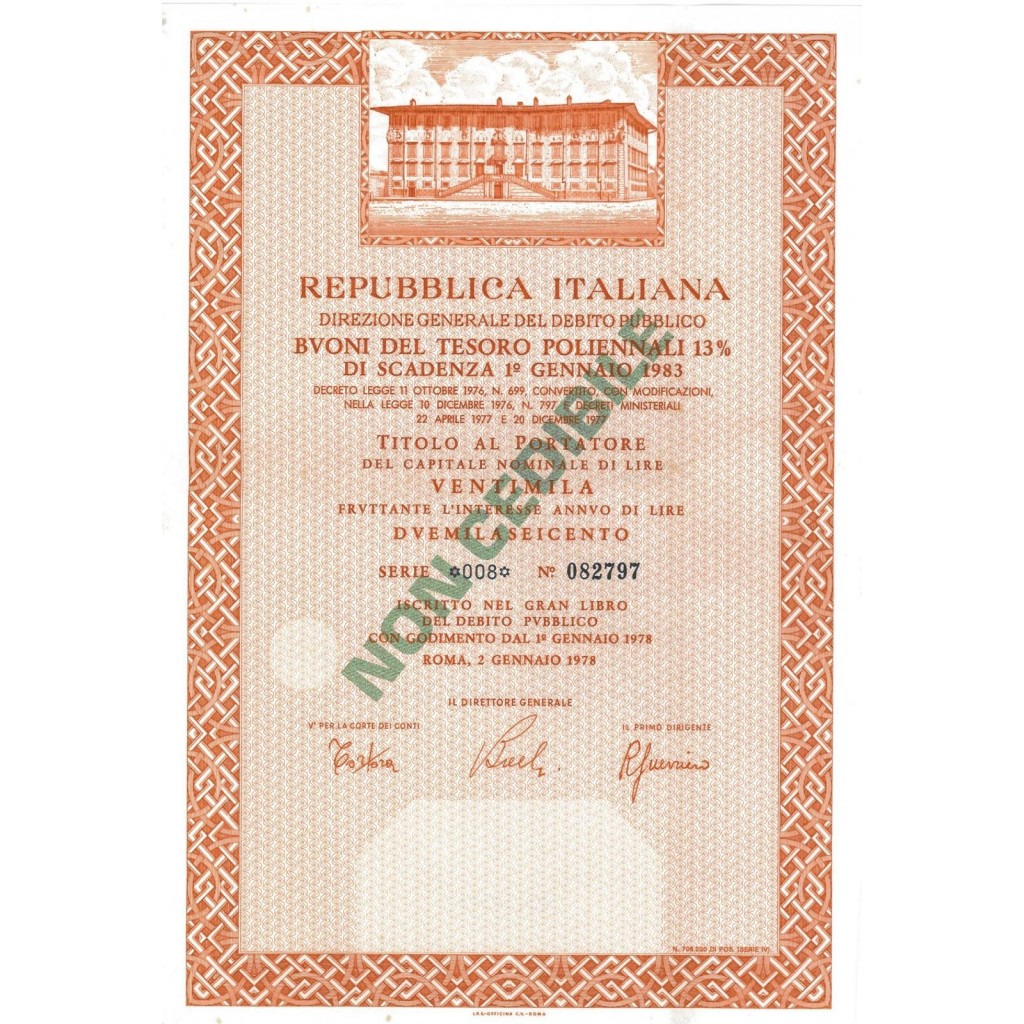 BTP POLIENNALI SERIE 008 - 20000 LIRE ROMA 1978