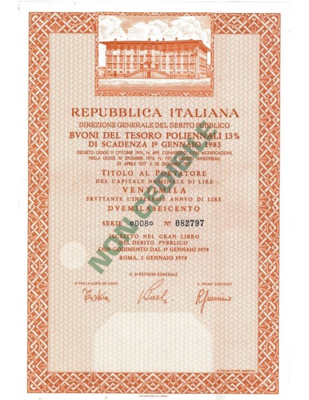 BTP POLIENNALI SERIE 008 - 20000 LIRE ROMA 1978
