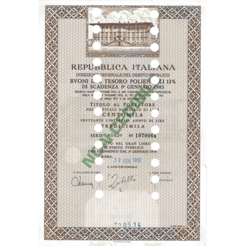 BTP POLIENNALI SERIE 043 - 100000 LIRE ROMA 1980