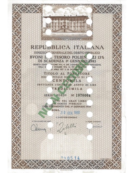 BTP POLIENNALI SERIE 043 - 100000 LIRE ROMA 1980