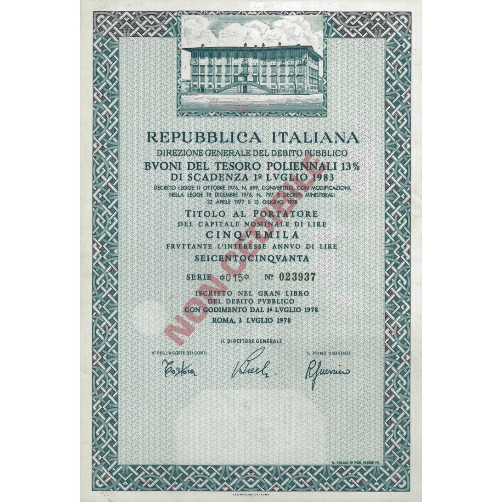 BTP POLIENNALI SERIE 015 - 5000 LIRE ROMA 1978