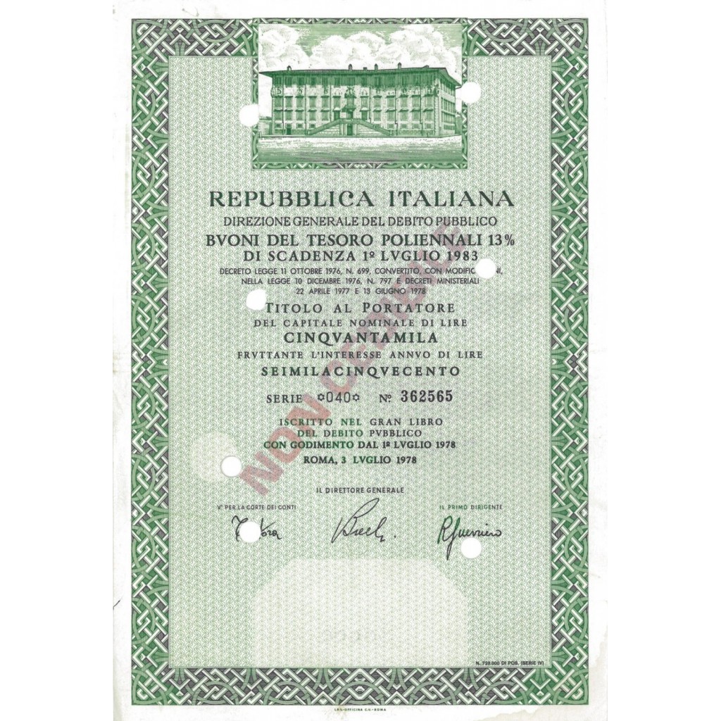 BTP POLIENNALI SERIE 040 - 50000 LIRE ROMA 1978