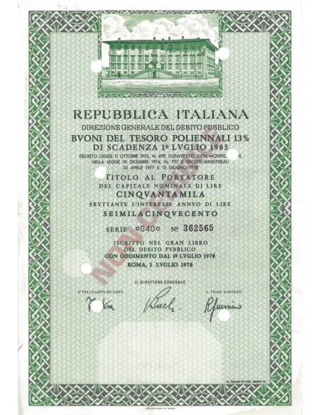 BTP POLIENNALI SERIE 040 - 50000 LIRE ROMA 1978