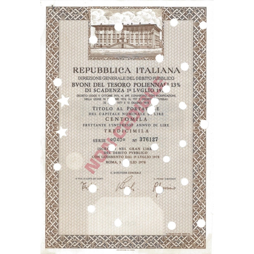 BTP POLIENNALI SERIE 040 - 100000 LIRE ROMA 1978