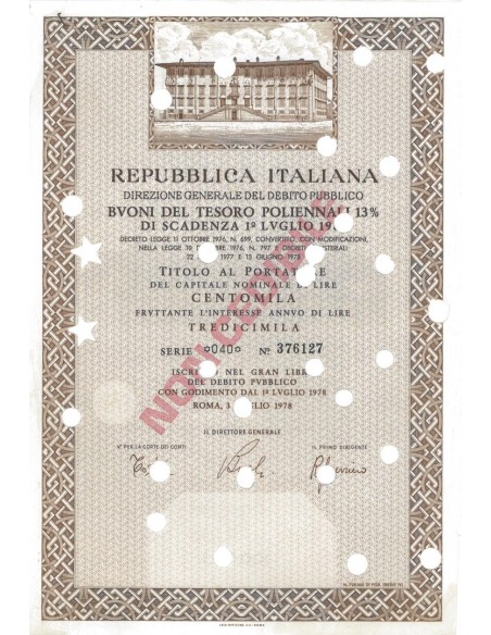 BTP POLIENNALI SERIE 040 - 100000 LIRE ROMA 1978