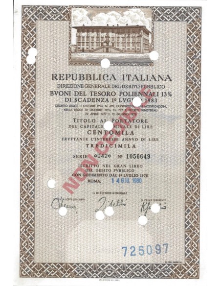 BTP POLIENNALI SERIE 042 - 100000 LIRE ROMA 1980