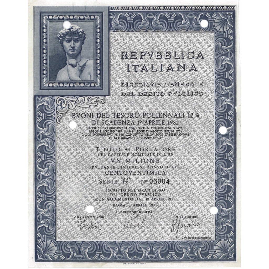 BTP POLIENNALI SERIE 14ESIMA - 1000000 LIRE ROMA 1978